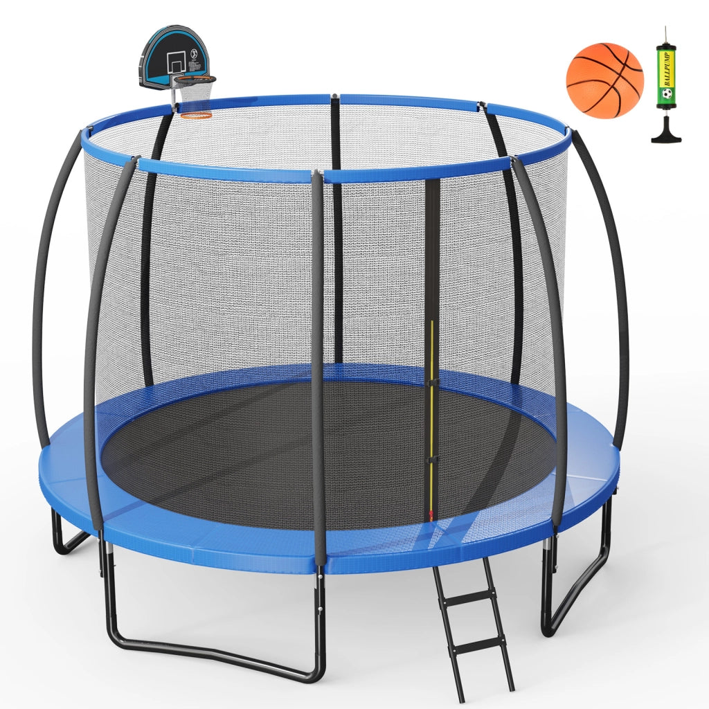 Tappeto elastico da esterno con anello da basket rete cuscinetto di sicurezza, Trampolino da esterno palla da basket e pompa incluse
