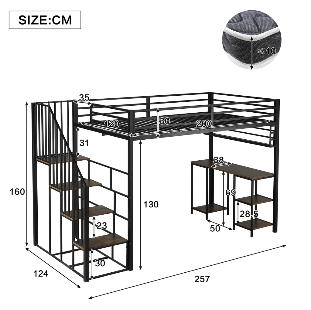 Letto a soppalco 120x200 cm con scrivania integrata e scaffale; metallo e legno; nero e noce scuro