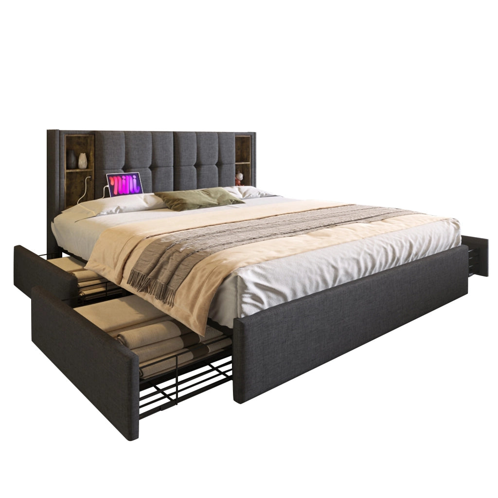 Letto Matrimoniale 160x200 cm con Ricarica Wireless USB-C, 4 Cassetti e Testiera in Lino Grigio Senza Materasso