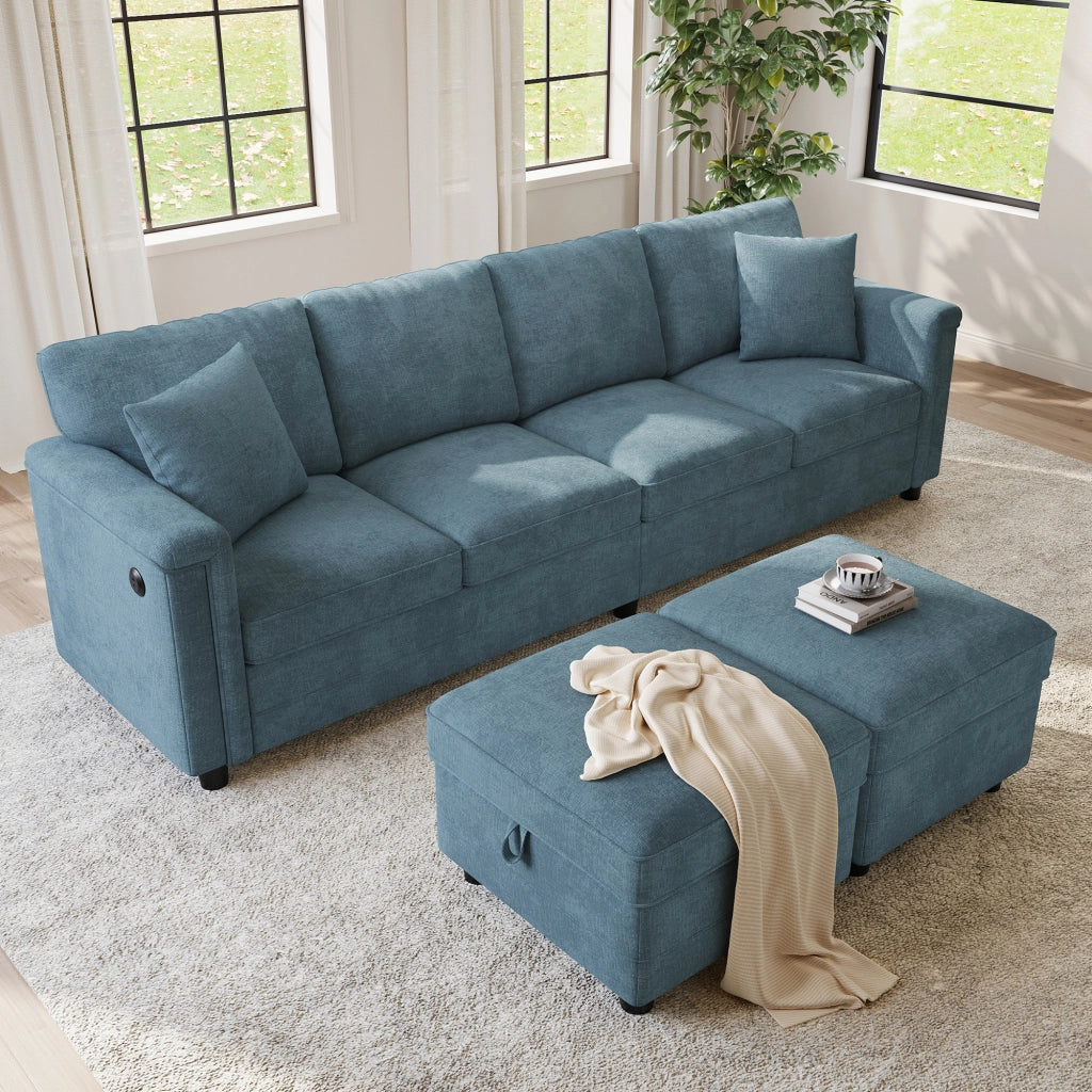 Divano modulare a 6 posti in ciniglia blu con 2 pouf contenitore e ricarica USB Type-C 82 × 261 × 134 cm