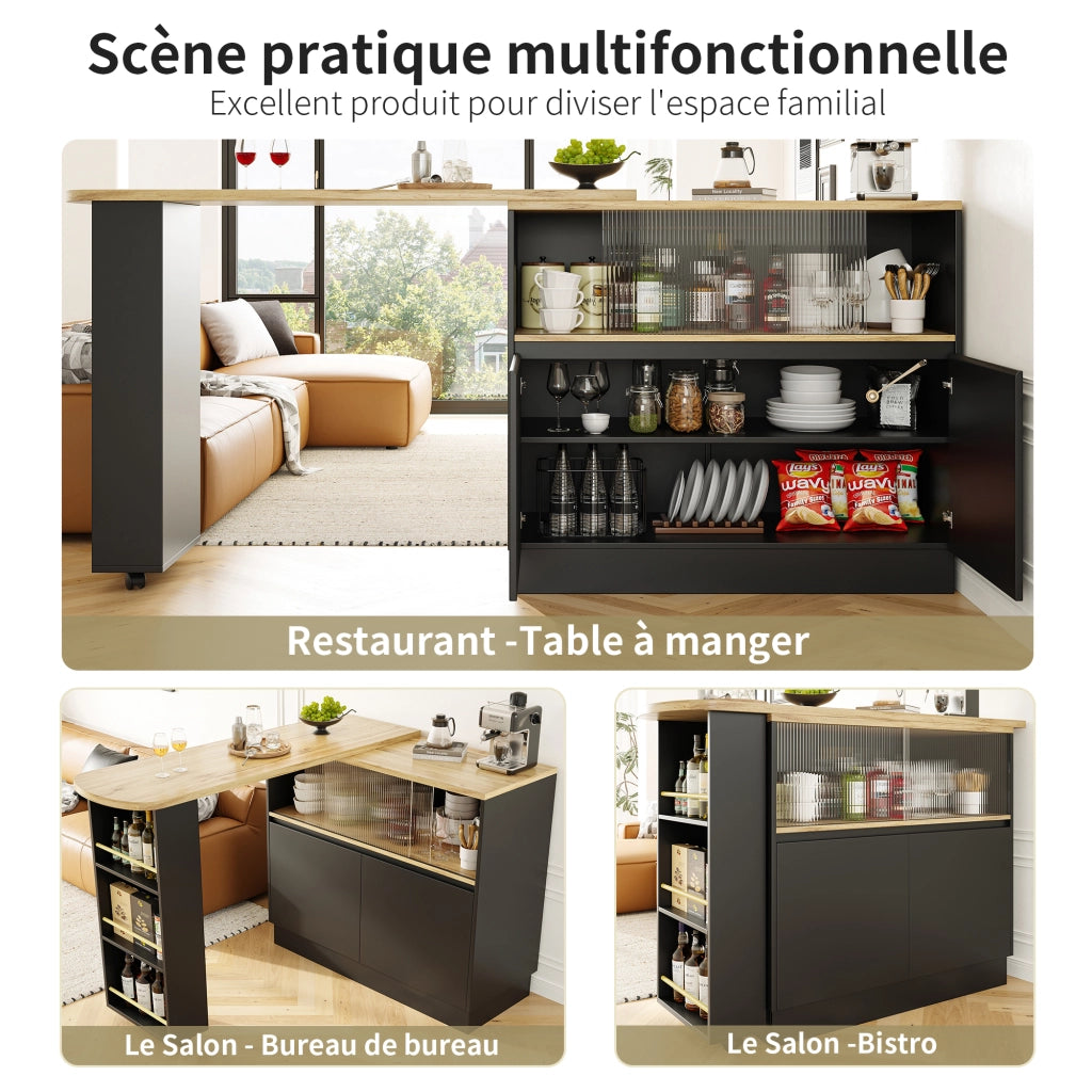 Mobile bar girevole a 360 gradi con porta scorrevole in vetro ripiani cassetti e vani chiusi in MDF nero