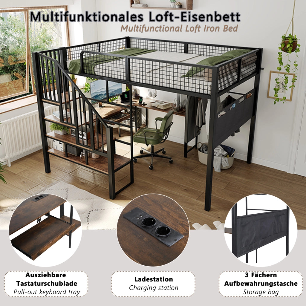 Letto a soppalco 140 × 200 cm 2 posti con scrivania angolare, porta di ricarica e tasca, senza materasso