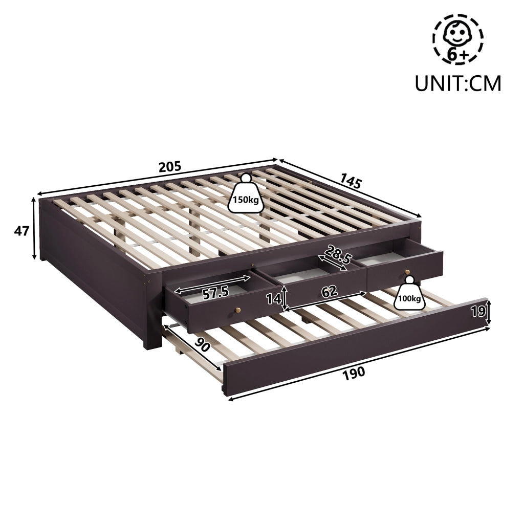 Letto matrimoniale con 3 cassetti e letto estraibile in MDF e pino color caffè per camera da letto