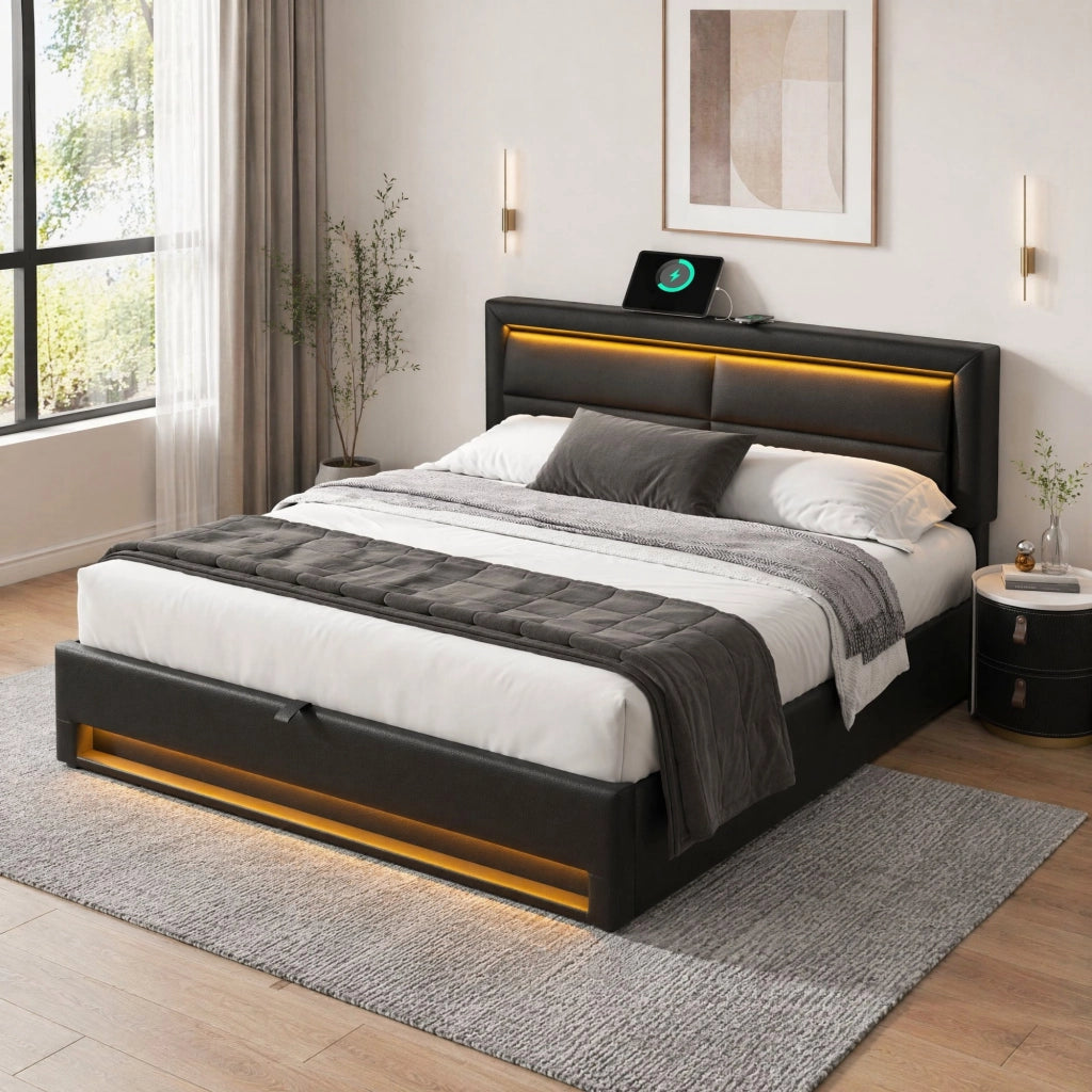 Letto matrimoniale imbottito con contenitore 140 × 200 cm in PU nero con USB ricarica wireless e LED