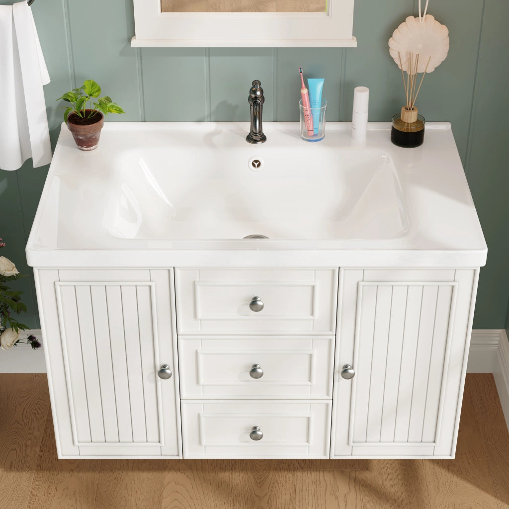 Mobile per lavabo singolo sospeso con lavabo in ceramica; cassetti e vano; bianco 78.5 × 46 × 46.8 cm