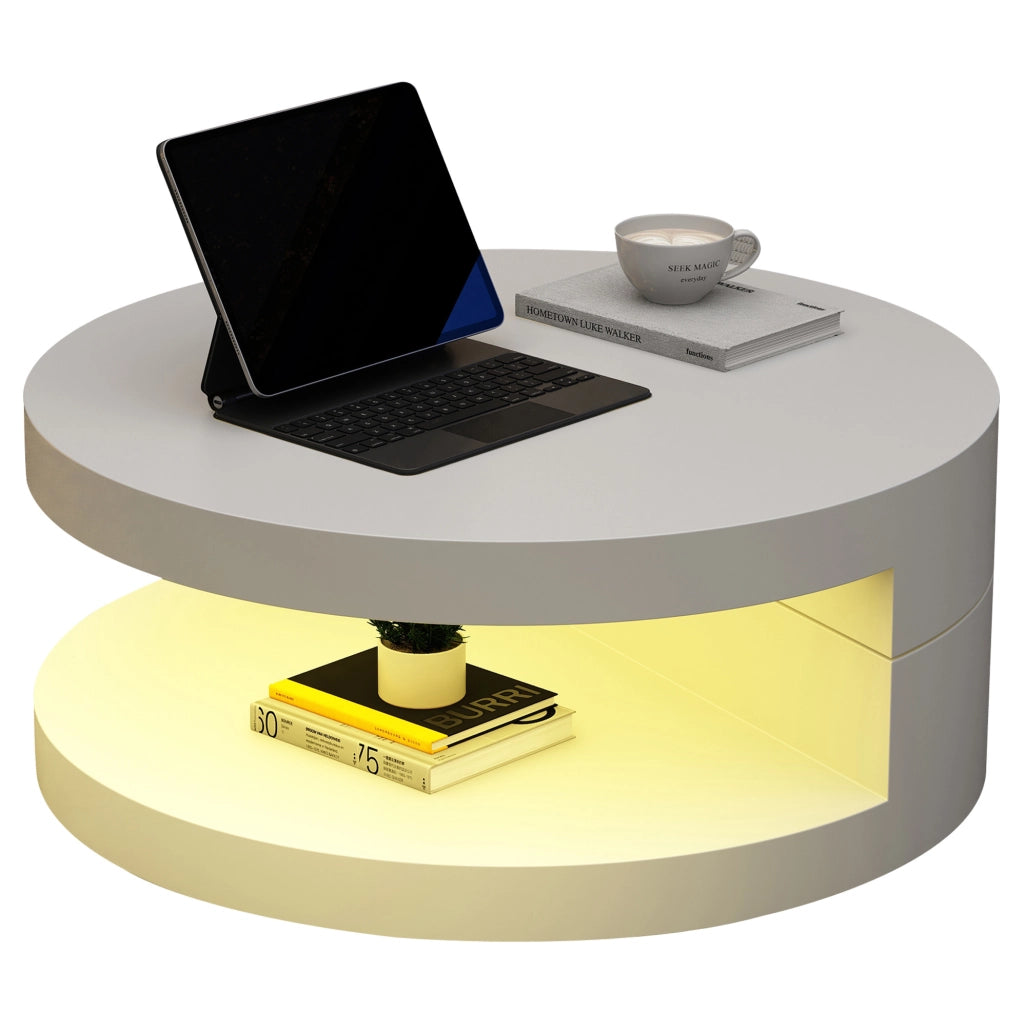 Tavolino da caff¨¨ rotondo ? 70 cm girevole a 360¡ã con LED in MDF bianco