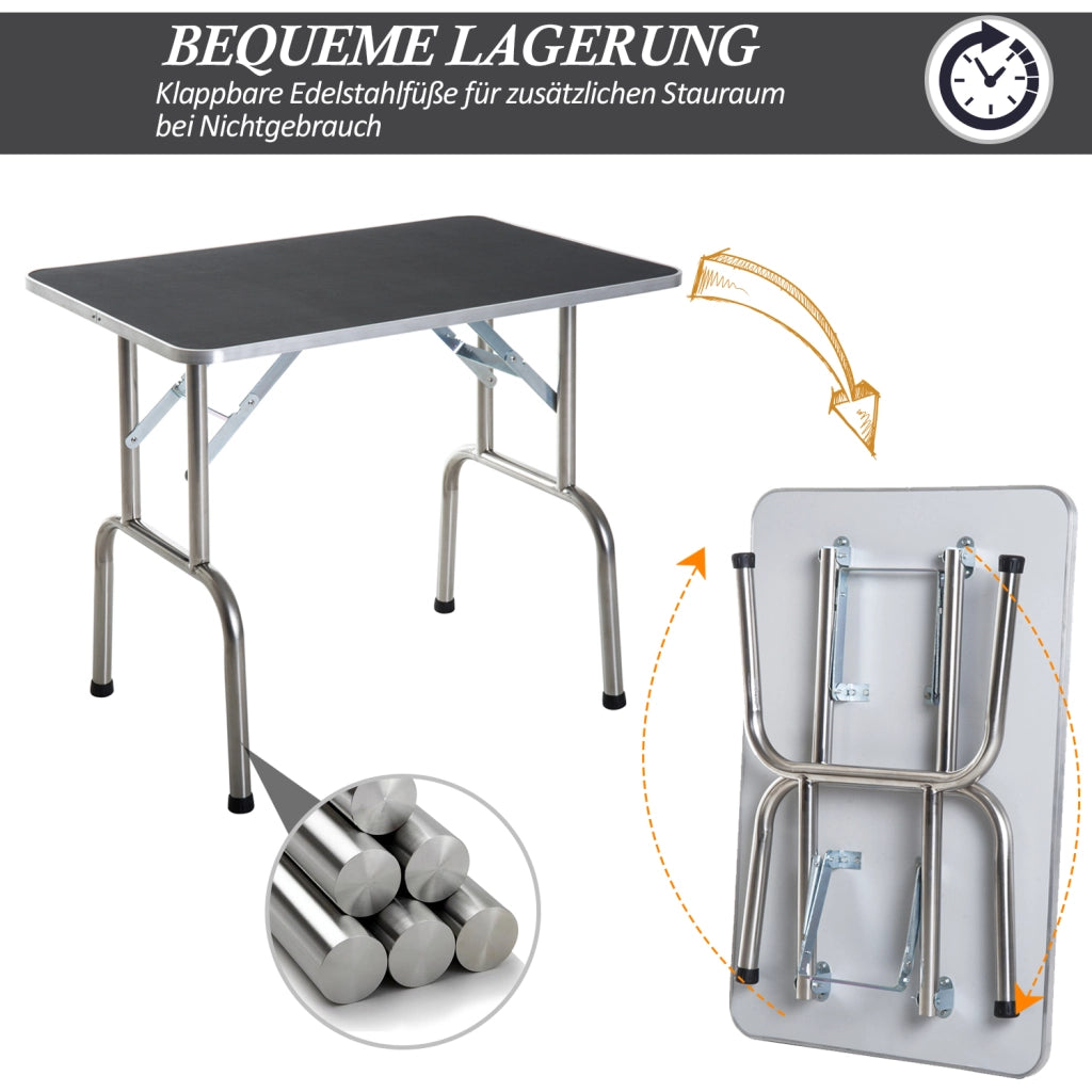 Tavolo da toelettatura per cani con braccio regolabile e cestello in acciaio inox nero 90 × 60 × 75 cm