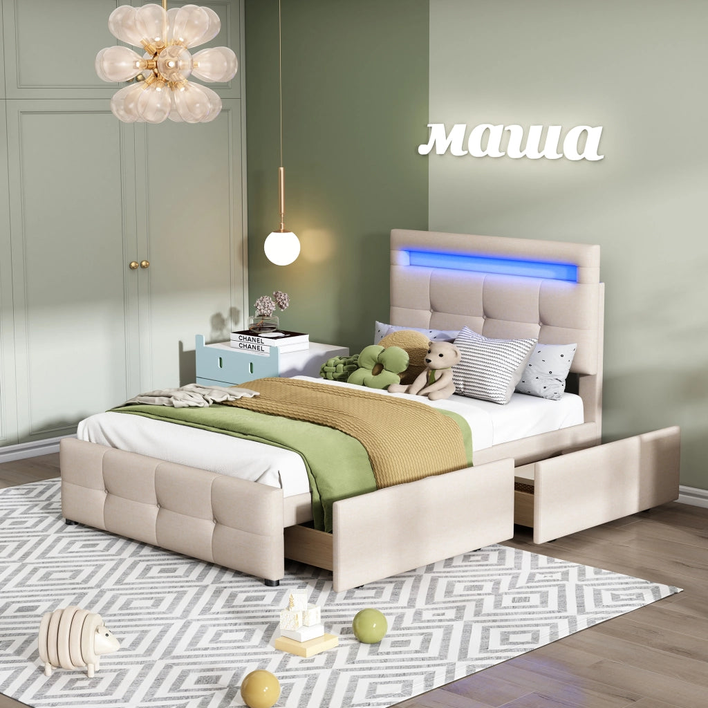 Letto Singolo 90x200 Imbottito Beige con Luci LED e 2 Cassetti Rivestimento in Lino