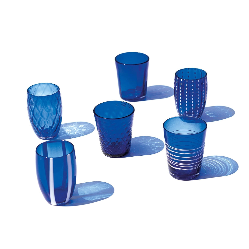 Zafferano Melting Pot Set 6 Bicchieri Monocolore - Blu - Vetro Soffiato a Mano, 32 cl - Tumbler Artigianali per Acqua e Cocktail