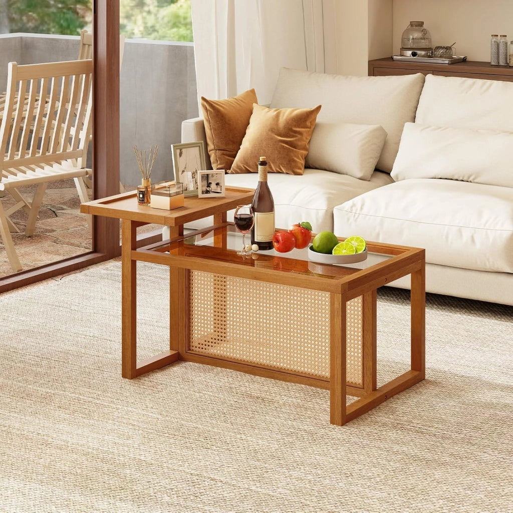 Tavolino Salotto in Vetro Temperato e Rattan a 2 Ripiani
Tavolino da Caffè Salvaspazio Rettangolare con Vassoio Laterale e Decorazioni Rattan, da Studio e Ufficio, 102 x 56 x 56 cm