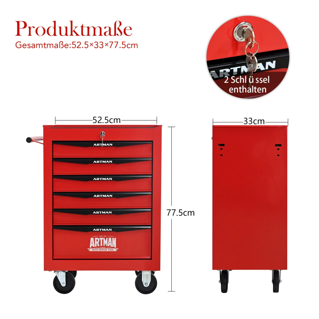 Armadio da officina mobile con 6 cassetti e ruote con freno in acciaio rosso e nero 60.0 × 33.0 × 77.5 cm