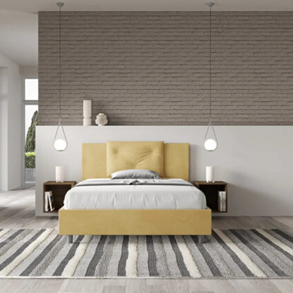 Letto matrimoniale francese con rete imbottito 140x210 microfibra ocra Appia