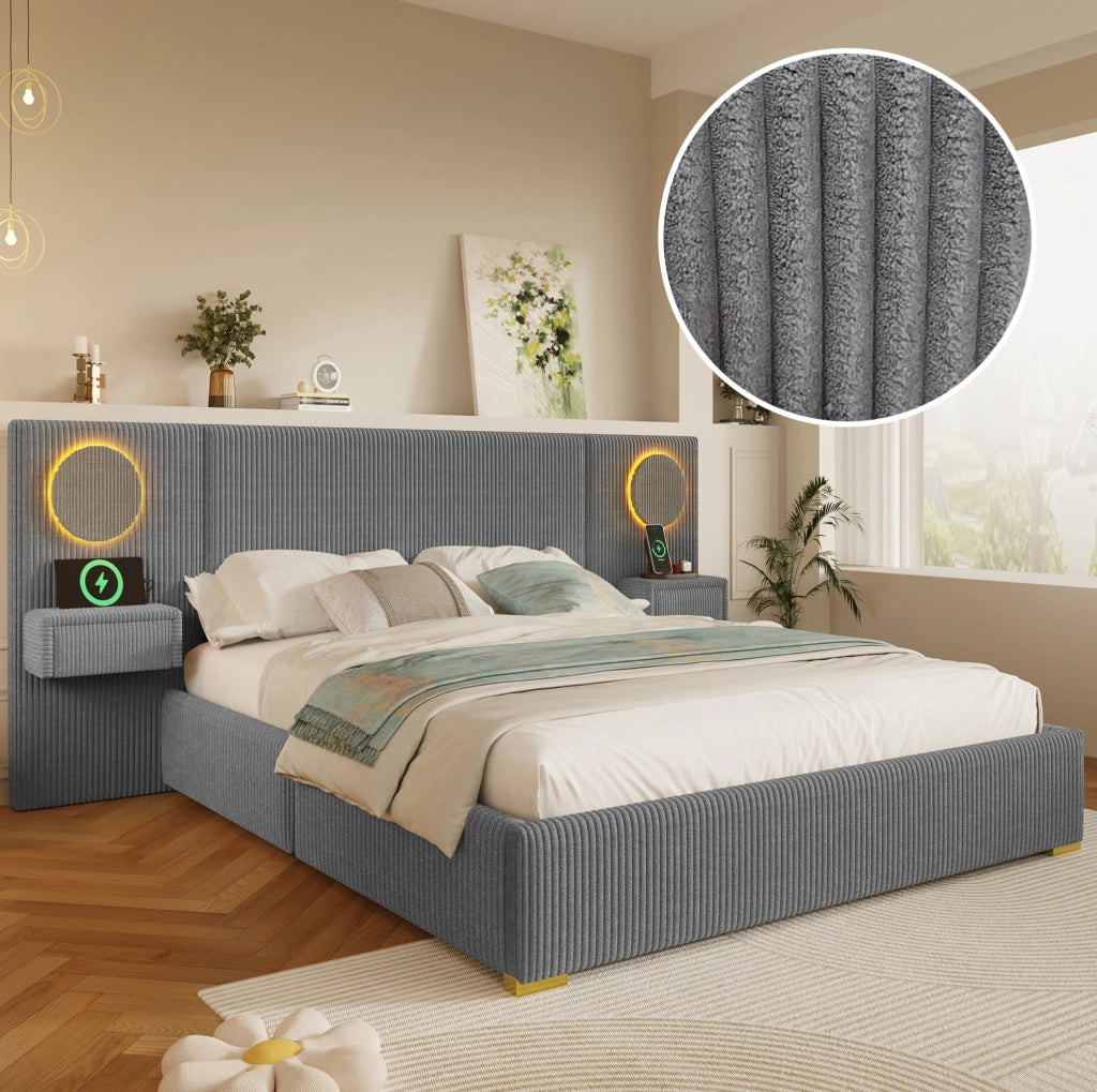 Letto imbottito 180x200 cm in velluto grigio con LED, USB e comodini