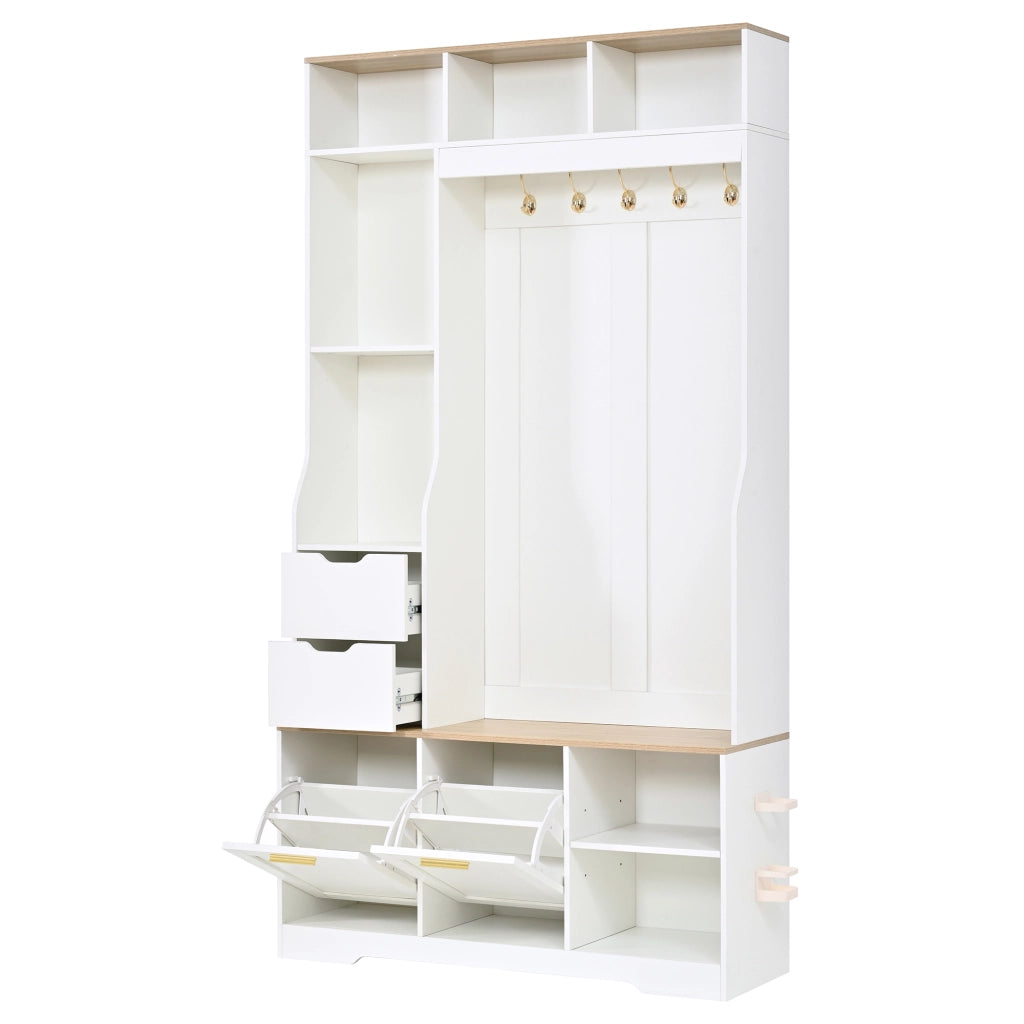 Mobile da ingresso guardaroba con 2 cassetti, 2 scarpiere a ribalta, panca e LED per corridoio, 100 × 32 × 186 cm