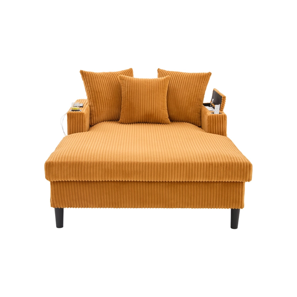 Chaise longue 129x170x70 cm con LED e porta USB in velluto a coste giallo senape