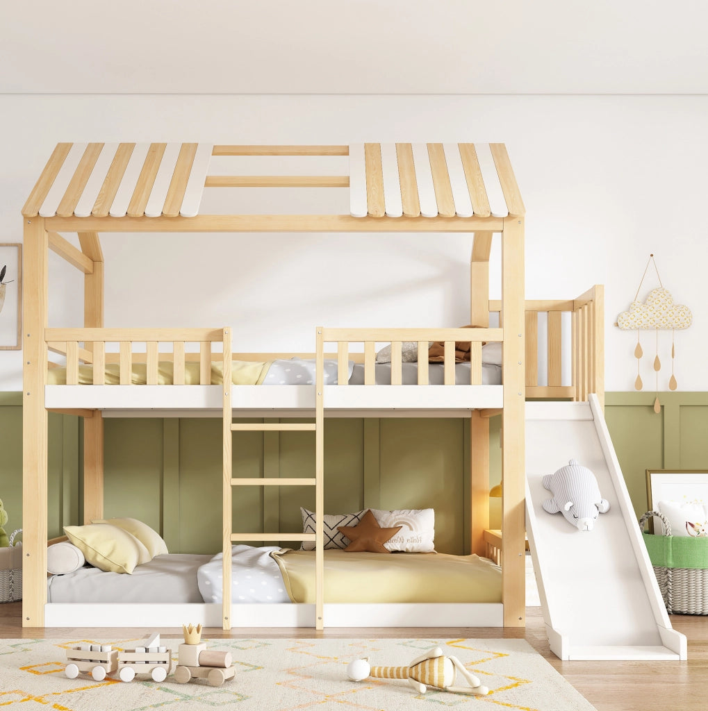 Letto a castello per bambini 90x200 con tetto a capanna, ripiano e struttura salvaspazio