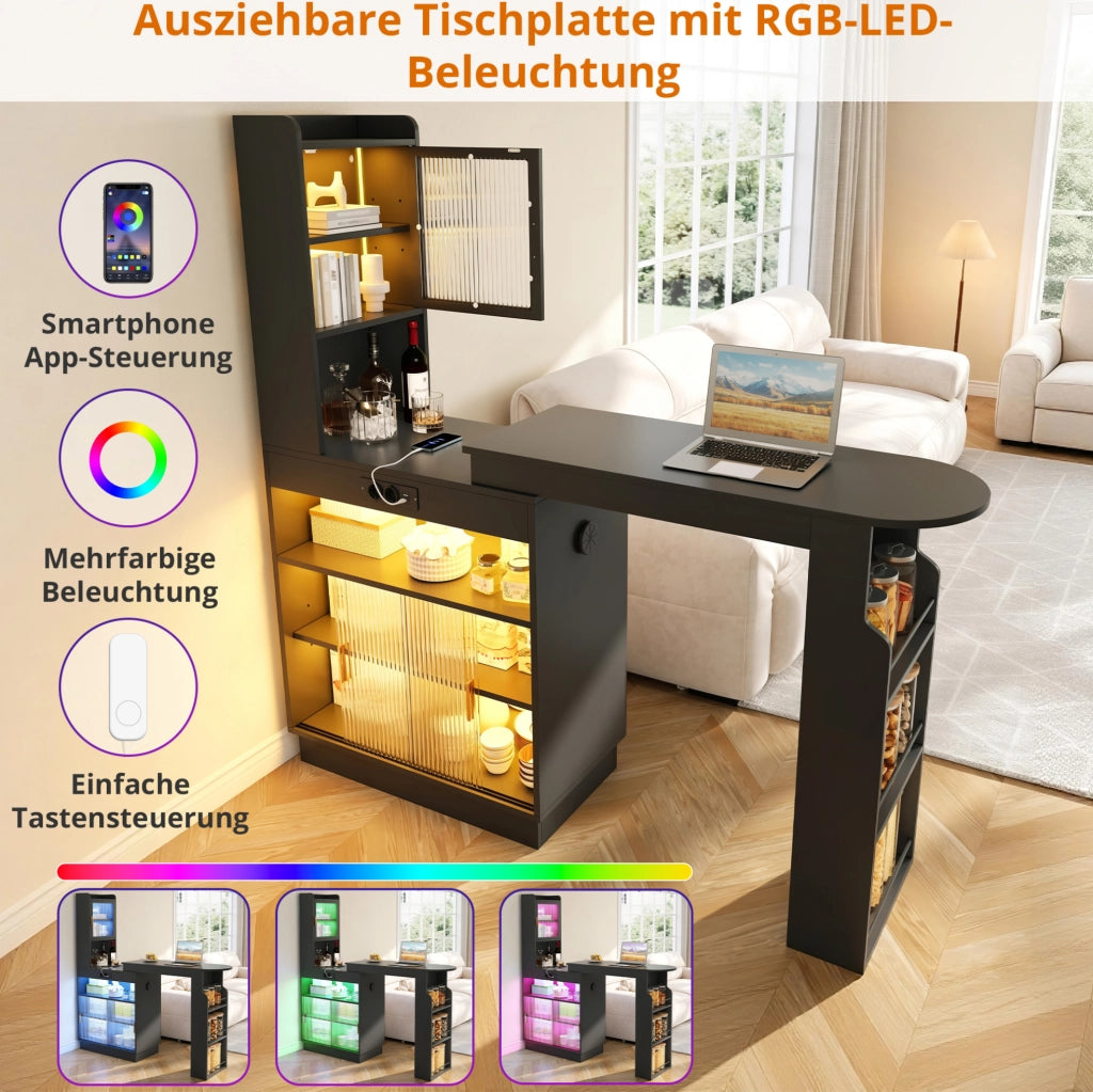 Tavolo bar estraibile con contenitori; LED; prese USB e Type-C 131-170x40x170 cm nero