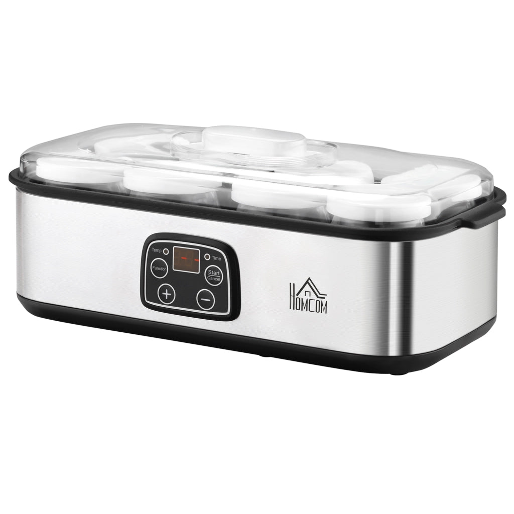 Yogurtiera Elettrica 25W con 8 Vasetti Inclusi, Timer 1-48 Ore e Temperatura Regolabile 20-50¡ãC, 36x18.8x14cm, Argento