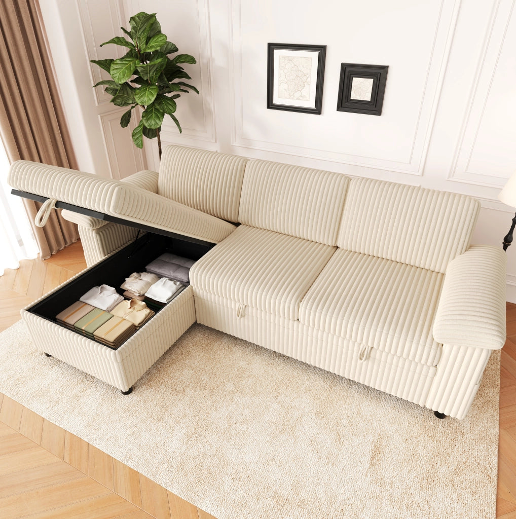 Divano angolare modulare 3 posti con letto estraibile; beige; USB e Type-C