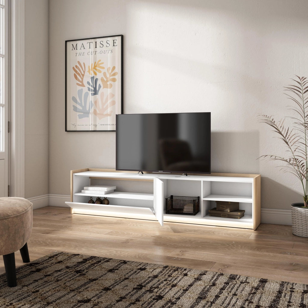 Mobile TV Soggiorno, 207x50x37 cm, Per TV fino a 80", LED, Bianco e Rovere soft