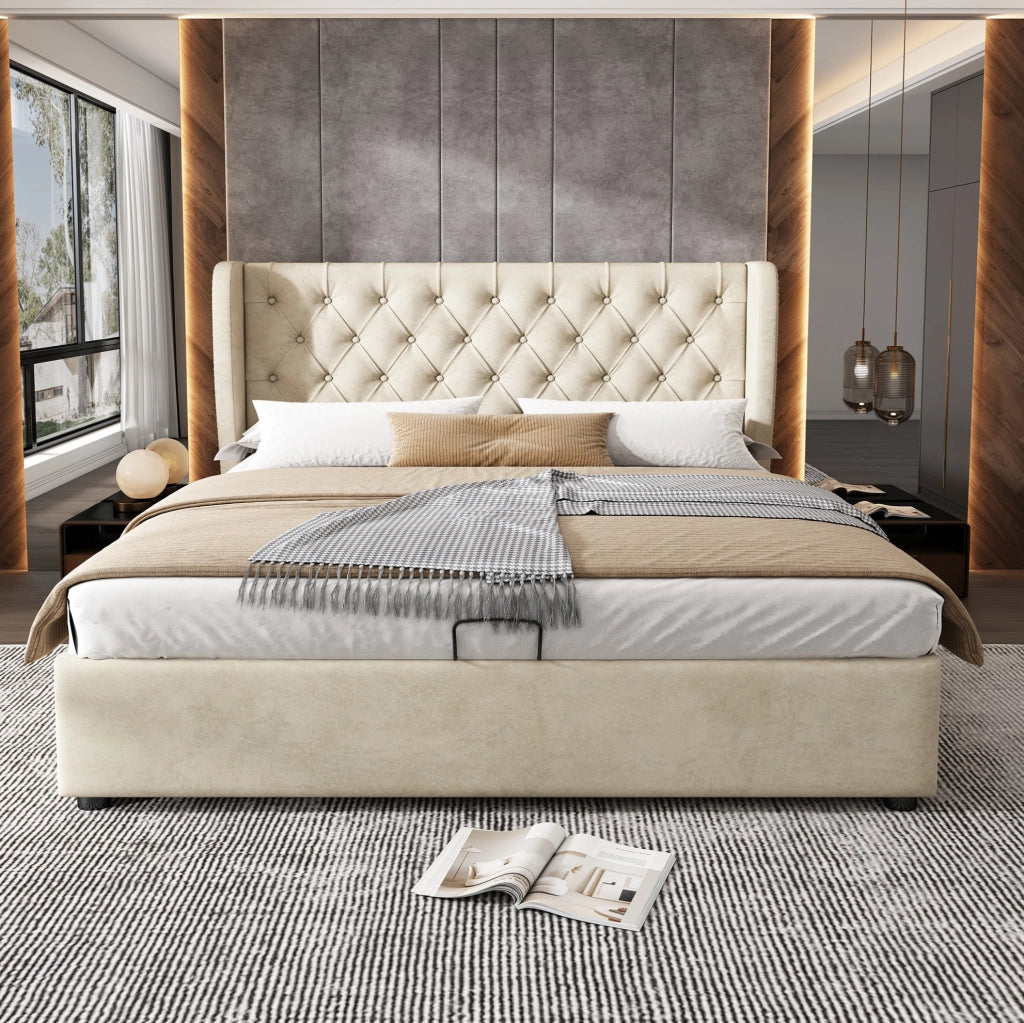 Letto matrimoniale imbottito Chesterfield con contenitore, rete a doghe e testiera alta