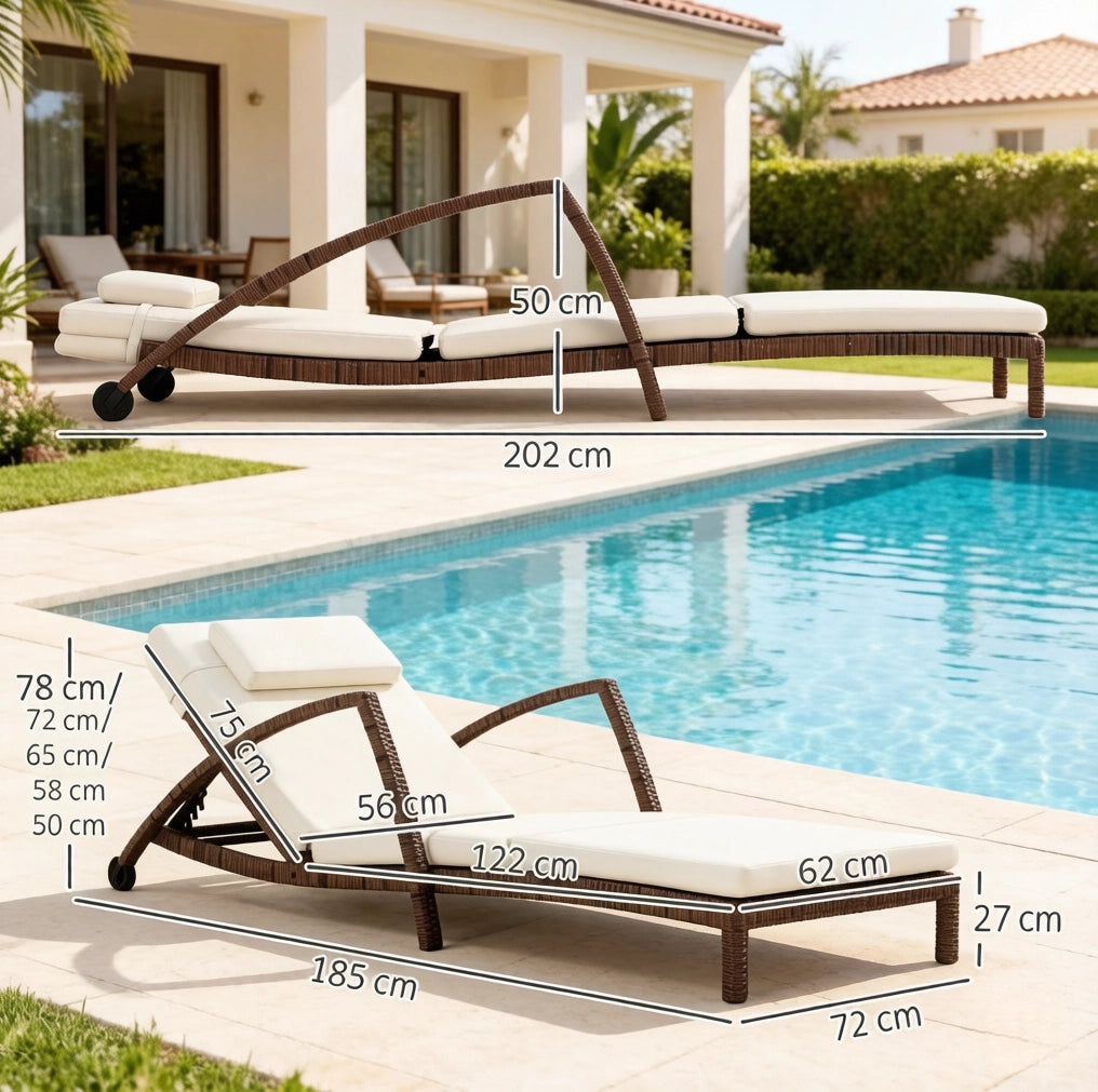 Sdraio da terrazza moderna con ruote, lettino da giardino regolabile in 5 posizioni, struttura in acciaio zincato e resina intrecciata, cuscini beige e marrone