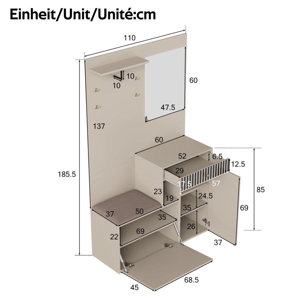 Mobile da ingresso con specchio, seduta imbottita, ripiani regolabili, ganci e cassetti in MDF, 110 × 37 × 185,5 cm