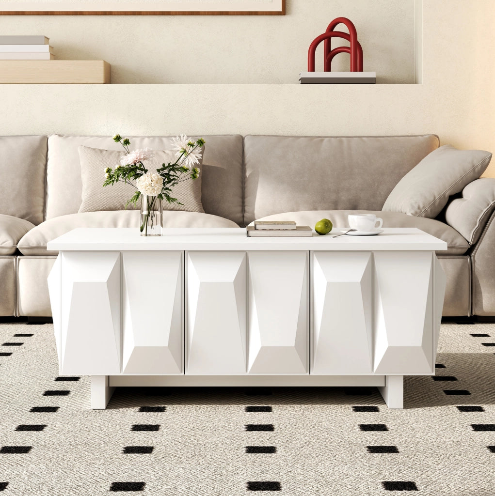 Tavolino da salotto moderno con spazio contenitore e frontali 3D; 95x67x39;5 cm; bianco