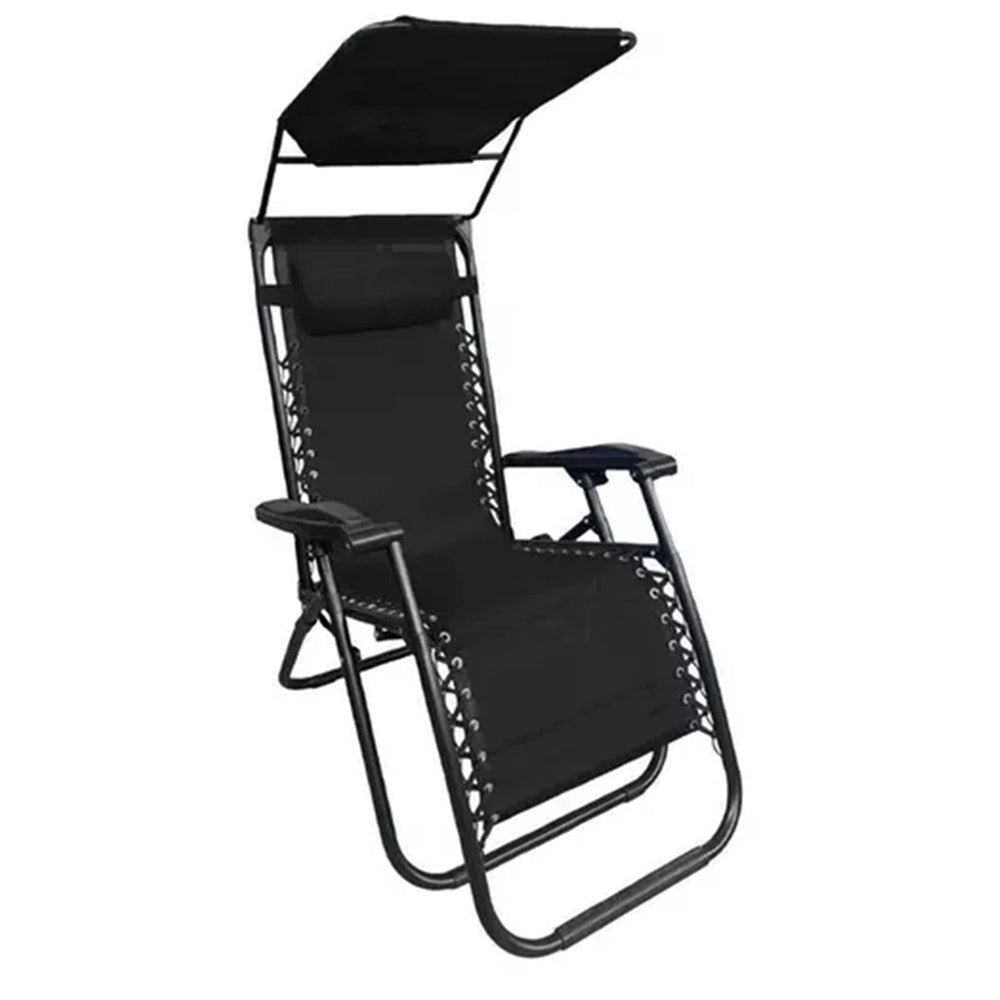 Trade Shop - Sedia Sdraio Con Parasole In Textilene Reclinabile Pieghevole Con Poggiatesta 483015 - Nero