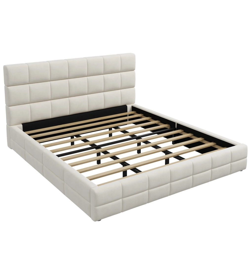 Letto a piattaforma 180x200 cm in velluto beige con testiera, per camera, senza materasso –
