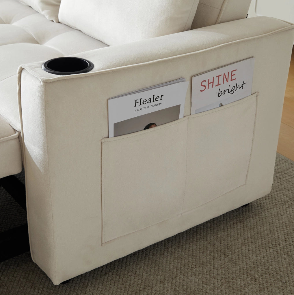 Divano letto ULEVR 137 cm in velluto beige, schienale regolabile a 3 posizioni con portabevande e tasche laterali