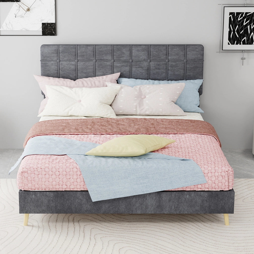 Letto matrimoniale 140 x 200 cm in tessuto grigio con testiera imbottita a quadri