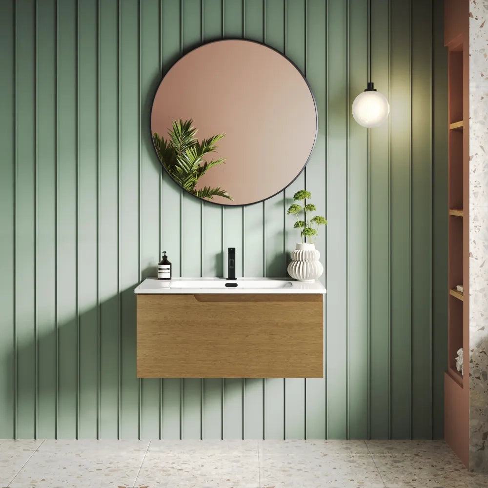 Mobile bagno sospeso 100cm un cassetto con lavabo rovere tabacco | Komi