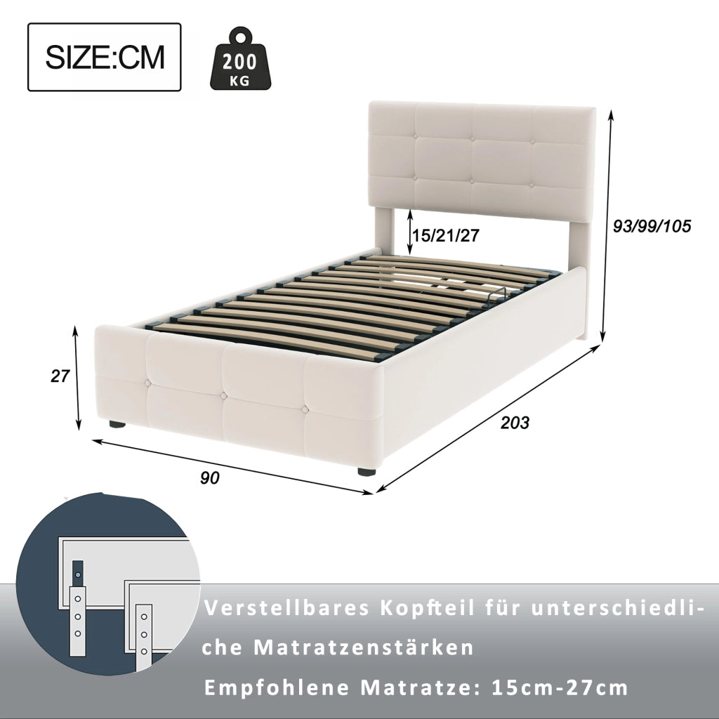 Letto singolo 90x200 in velluto beige con contenitore idraulico e testiera regolabile