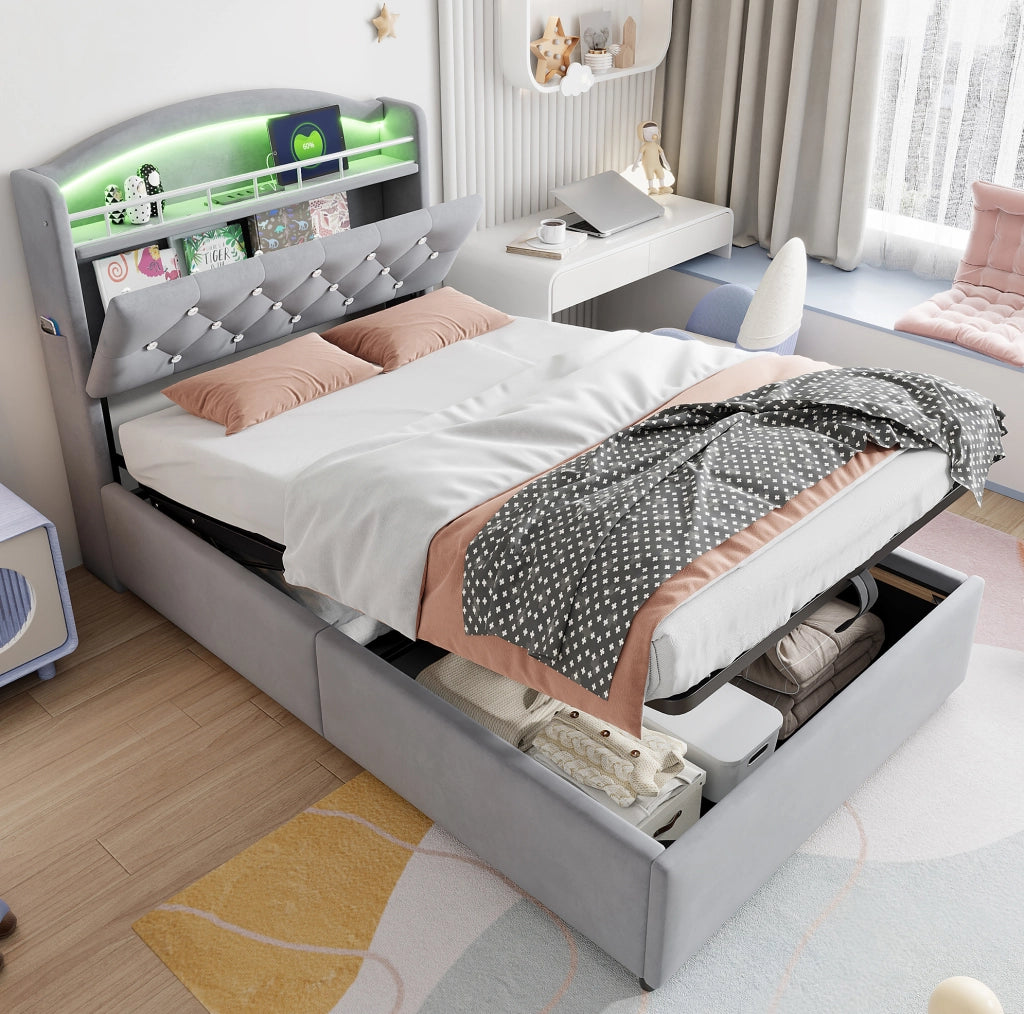 Letto singolo imbottito per bambini 90x200 cm con spazio contenitivo, LED e porte USB, colore grigio