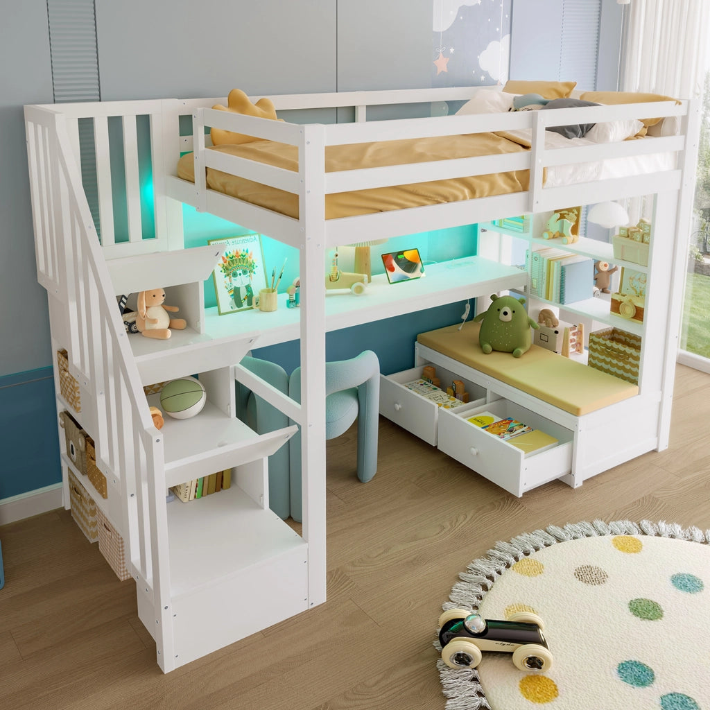 LETTO A CASTELLO 90x200 cm con Scrivania, Ripiani e Cassetti Bianco