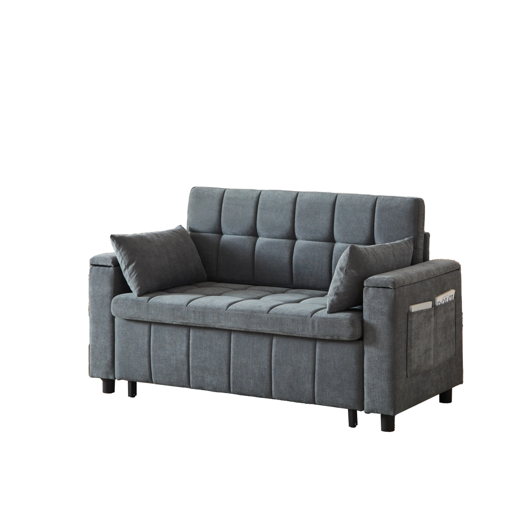 Divano letto 2 posti estraibile 3 in 1 con contenitore nei braccioli e tasche laterali in ciniglia grigio