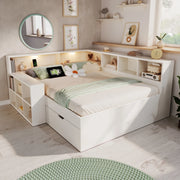 Letto matrimoniale 140x190 cm con contenitore; luci e porte USB/Type-C bianco HOMVRA
