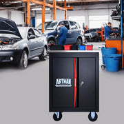 Carrello portautensili due ante con serratura; 4 ruote e ripiano removibile in acciaio nero e rosso 62.5 × 34.5 × 78 cm