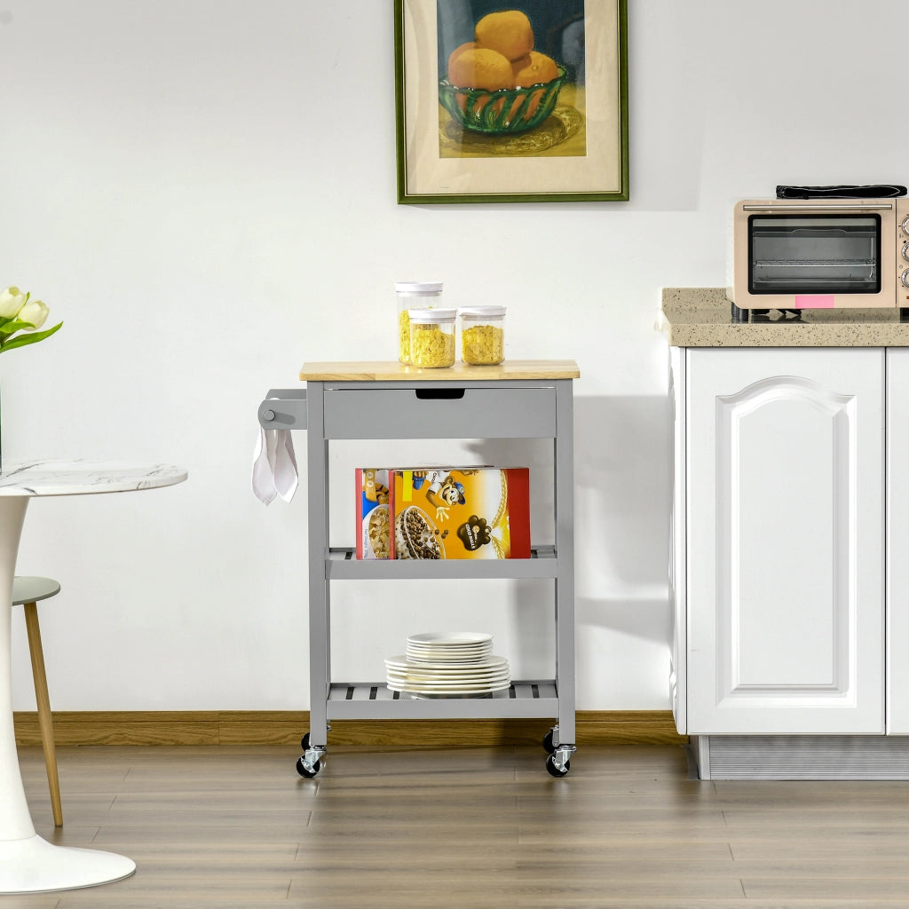 Carrello da cucina con ripiani in legno di hevea ¨C Minimal ¨C 2 ripiani, 1 cassetto e 1 porta strofinacci