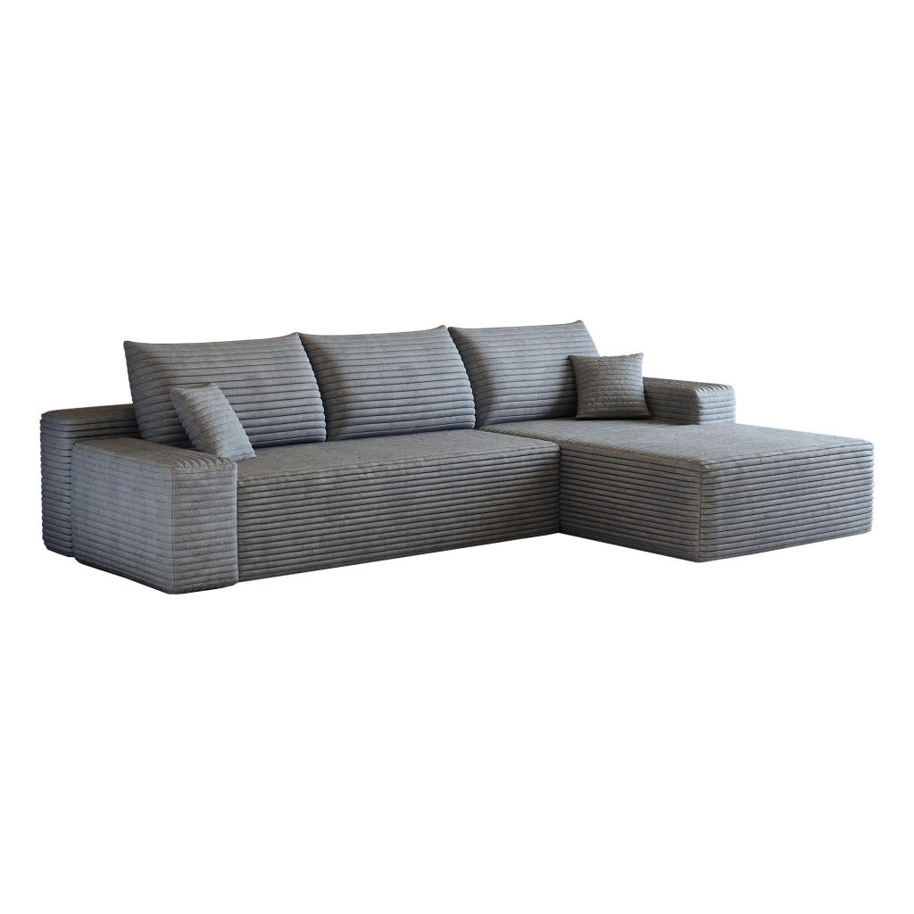 Divano angolare modulare con chaise longue e seduta profonda, senza montaggio, in tessuto a coste grigio