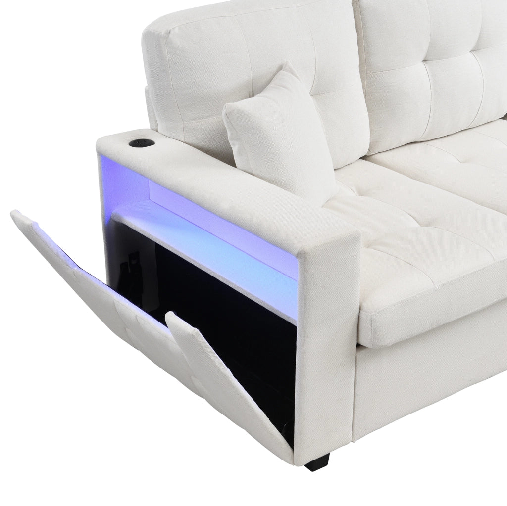 Divano 4 posti con pouf contenitore, USB e Type-C, LED, beige