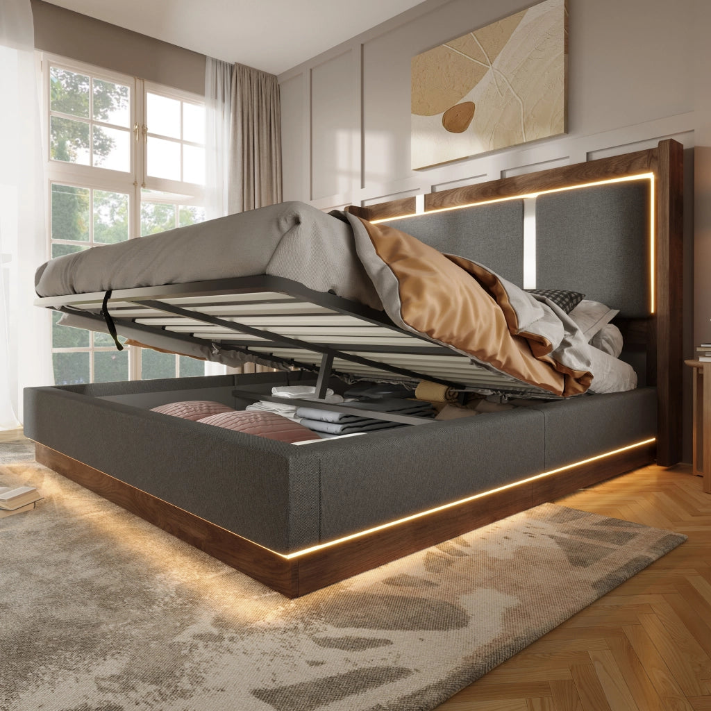Letto matrimoniale 140 × 200 cm con contenitore idraulico; LED regolabile; senza materasso; grigio e noce