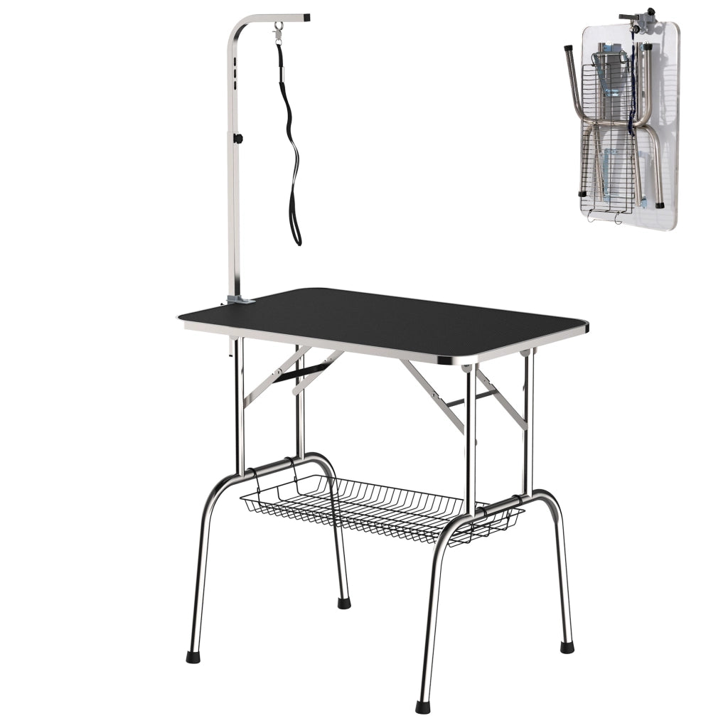 Tavolo da toelettatura per cani con braccio regolabile e cestello in acciaio inox nero 90 × 60 × 75 cm