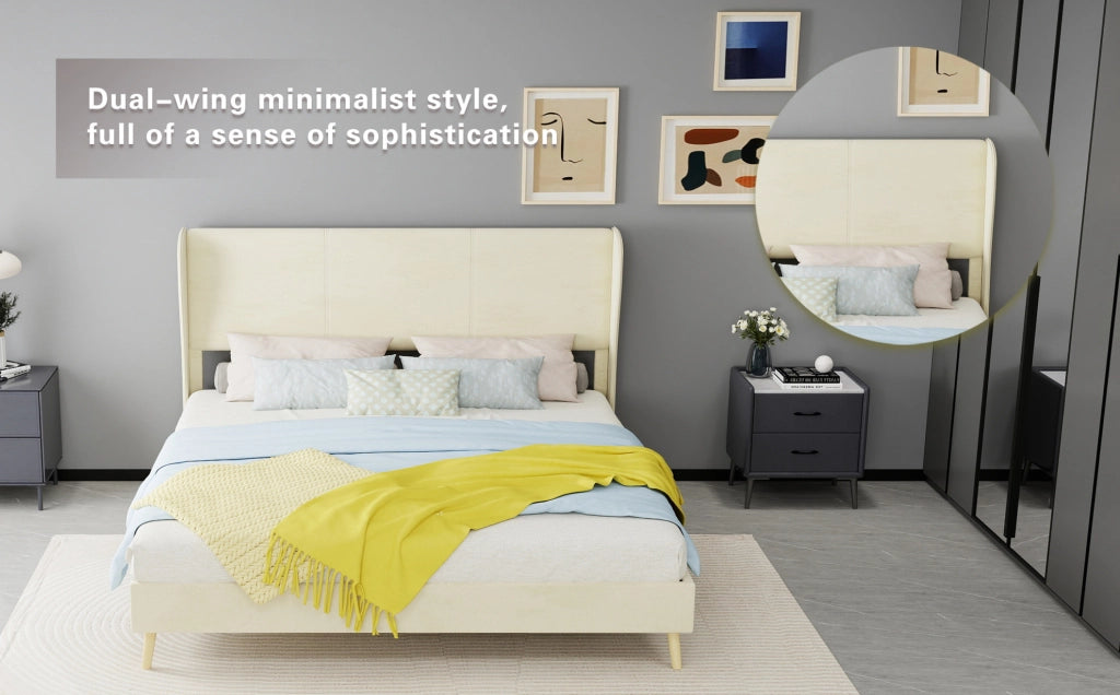 Letto imbottito moderno 160x200 cm con testiera beige e base bassa senza contenitore