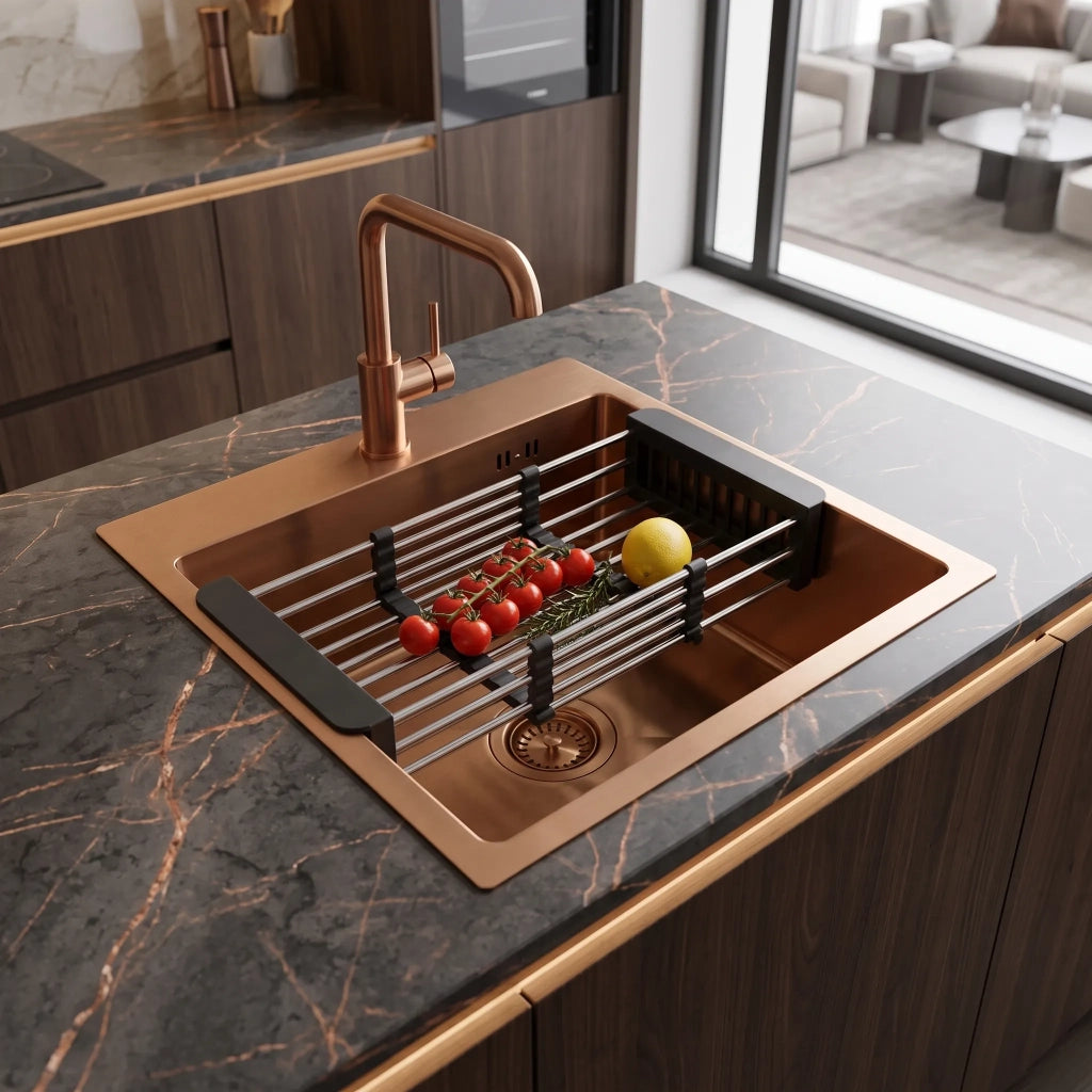 Lavello In Acciaio Con Set Di Accessori 3 Pz. Rea Leo 40 Brush Copper Accessori grigi