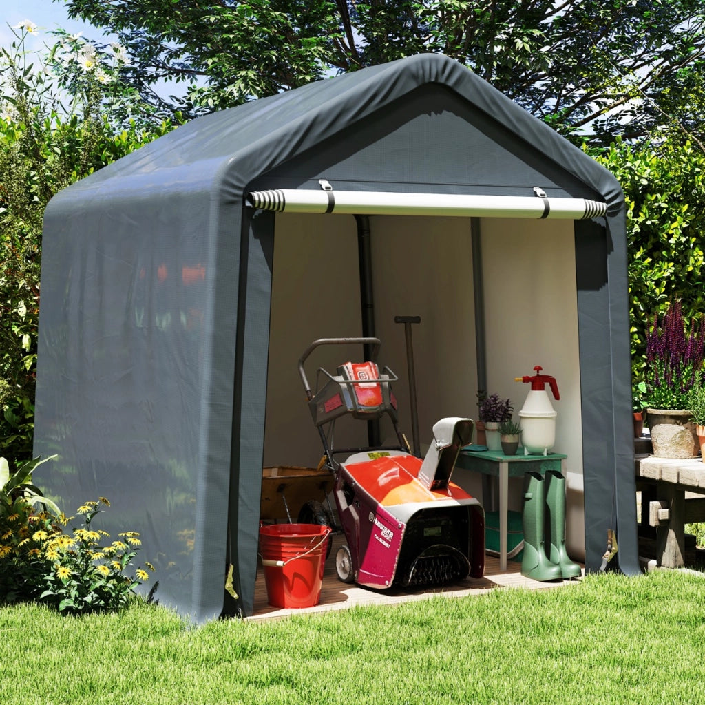 Riparo per stoccaggio con porta a cerniera arrotolabile, Capannone portatile per moto e biciclette da esterno Grigio-Casette da giardino