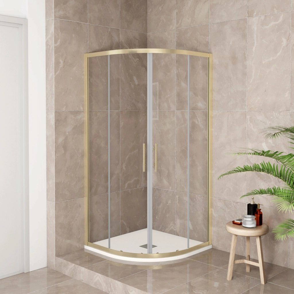 Box Doccia Semicircolare 80X80 cm H.190 Oro Spazzolato Porta Scorrevole Vetro 6 mm Trasparente Anticalcare, Piatto Doccia Bianco