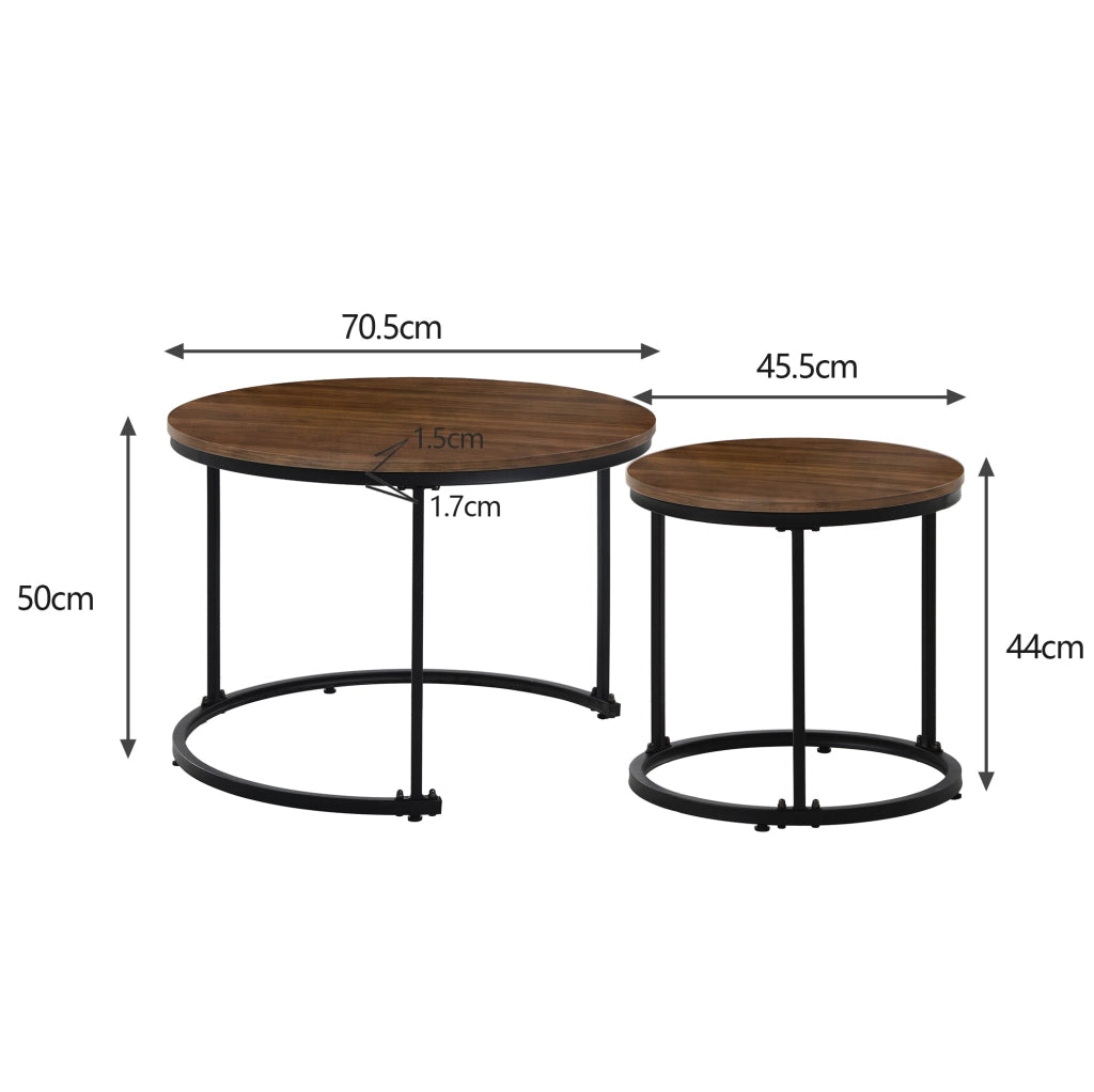 Set 2 tavolini da caffè rotondi impilabili in MDF; noce e nero