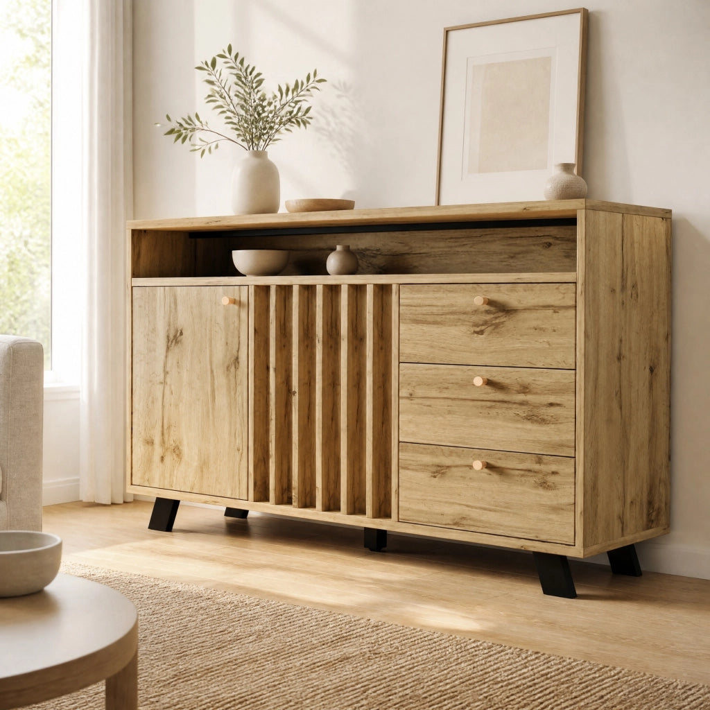 Credenza vintage con 3 cassetti; 2 ante e vano aperto 120x40x85 cm; rovere scuro